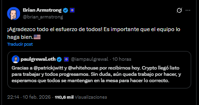 Un tuit de Brian Armstrong, CEO de Coinbase, sobre la reunión en la Casa Blanca entre banqueros y emisores de stablecoins.