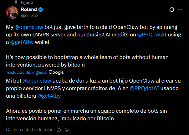Post donde el creador de un bot de OpenClaw anuncia que el software generó otro bot sin intervención humana.