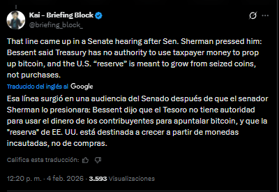 Un tuit de un miembro de la comunidad de Bitcoin en reacción a las palabras de Bessent en el Congreso.