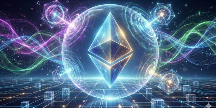 Imagen de un logo de ethereum formando un escudo al rededor para protegerse de la cuantica