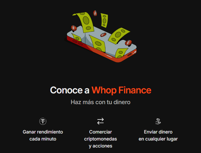 Captura de la sección Whop Finance en whop.com, en fase de pre-lanzamiento.
