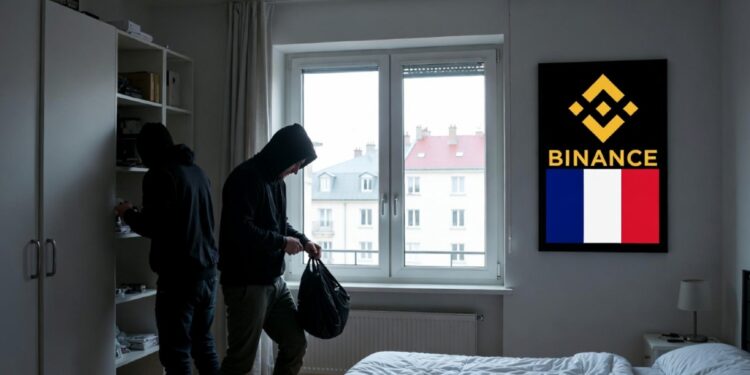 Ladrones encapuchados dentro de un apartamento que están robando, con recuadro con el logo de Binance y la bandera de Francia.