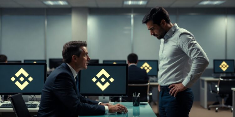 Imagen de jefe despidiendo a empleado en una oficina que tiene logos de Binance.