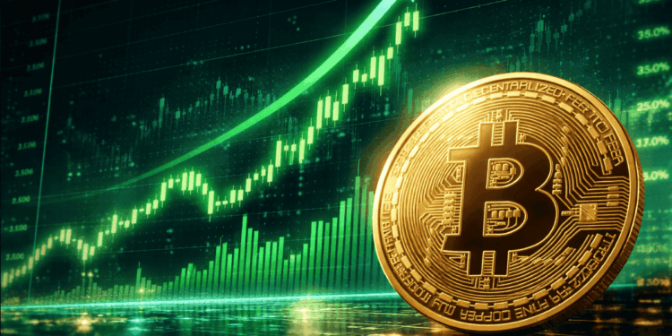 Una moneda física de bitcoin delante de un gráfico de precios con flechas y barras verdes.