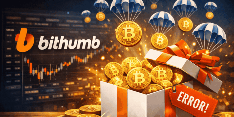 Monedas físicas de bitcoin saliendo de un regalo junto al logo del exchange Bithumb