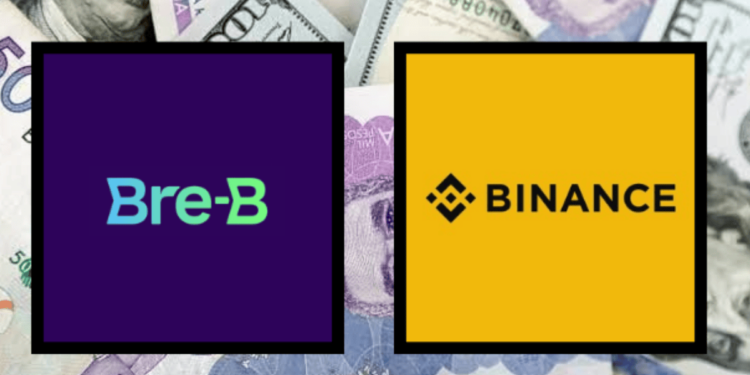 Logos de Bre B y Binance sobre un fondo de billetes colombianos