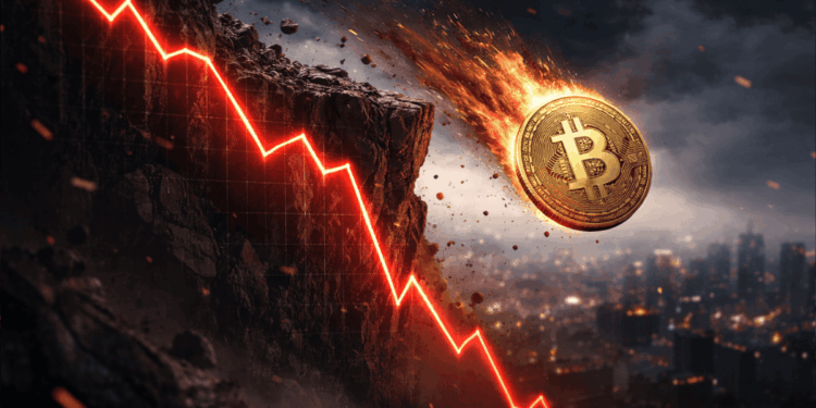 Moneda de bitcoin cae por un precipicio.