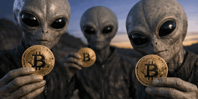 Extraterrestres sosteniendo monedas físicas de bitcoin en sus manos.