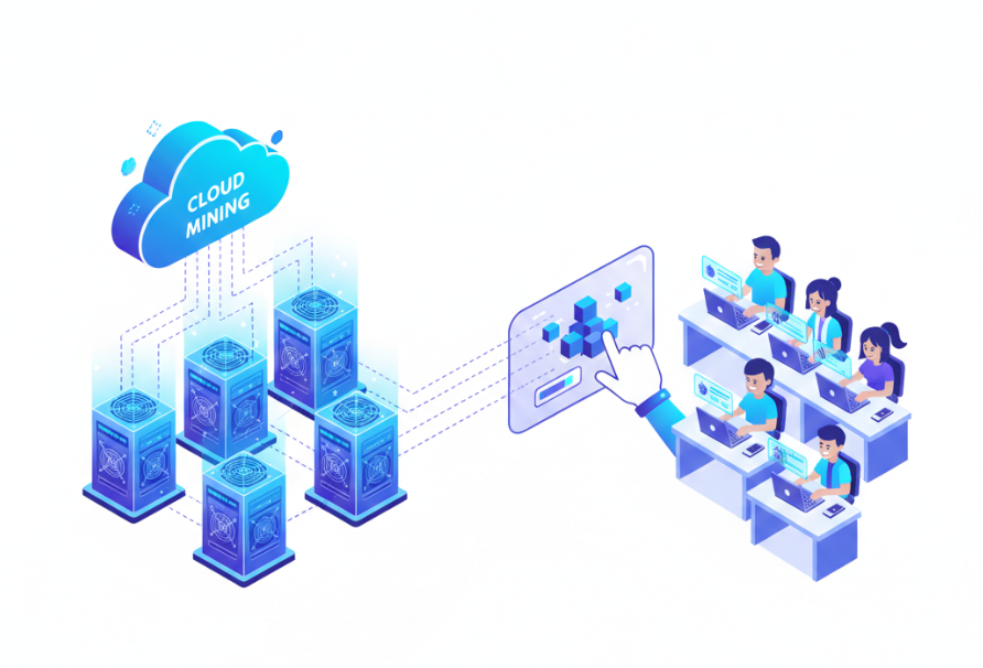 Ilustración en tonos azules sobre fondo blanco. A la derecha, varios usuarios trabajan en laptops y se conectan, mediante una nube digital central, a un centro de datos con equipos de minería remotos situados a la izquierda.