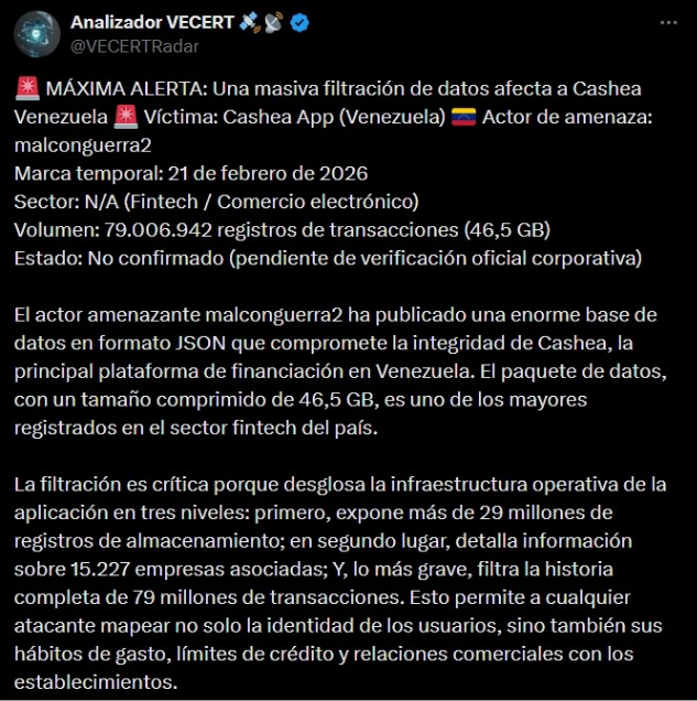 Publicación de @VECERTRadar que expone la supuesta cantidad de datos que fueron filtrados. 