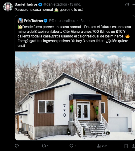 Un mensaje en X de los hermanos Tadros quienes diseñan viviendas para la minería de Bitcoin en Canadá.