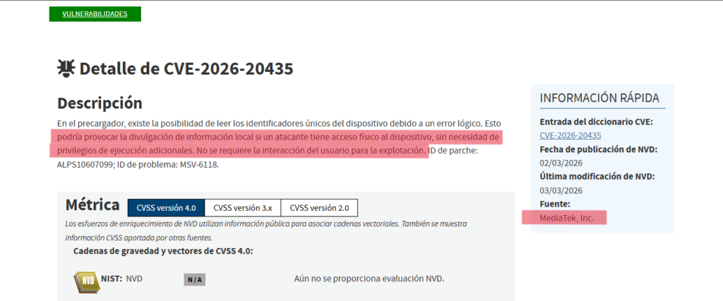 Página web del NIST que expone una vulnerabilidad en procesadores MediaTek de Android.
