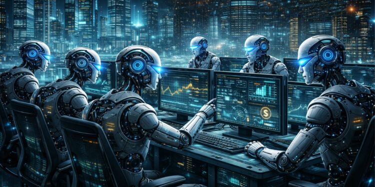 Robots de IA operando con computadoras operaciones de trading.