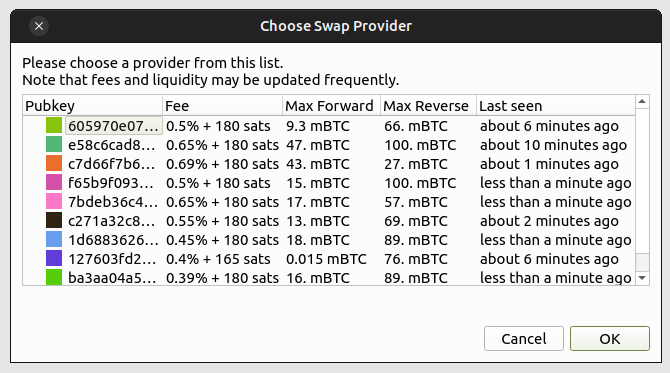 Listado de proveedores de liquidez de la LN en la wallet Electrum.