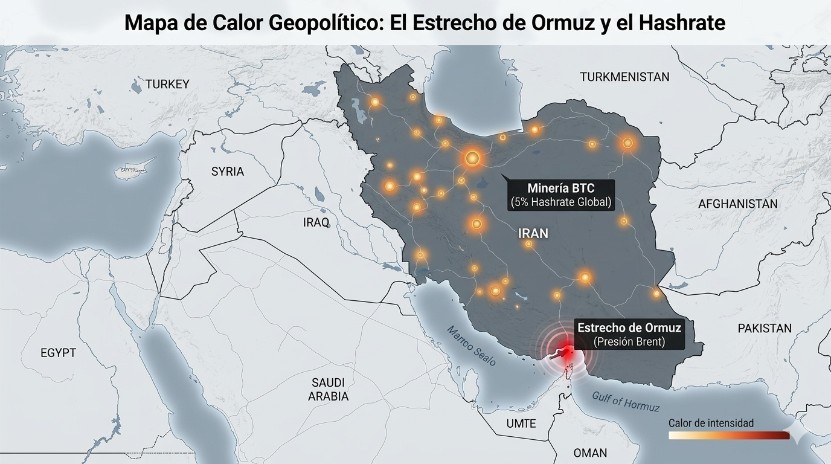 Mapa de Medio Oriente que resalta con puntos amarillos las zonas de minería de Bitcoin en Irán