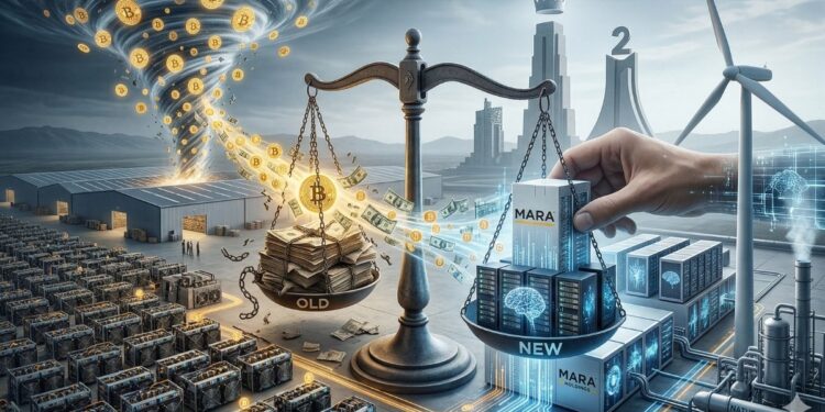 una balanaza que en un lado tiene unas monedas de bitcoin y en otra billeres de dólares. En el fondo de ve una granja de minería de bitcoin.