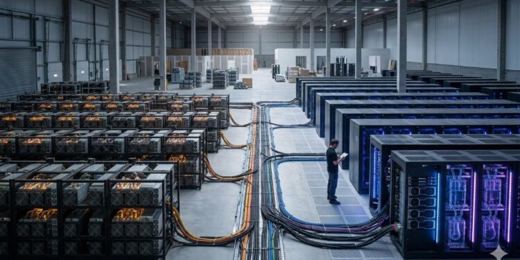 Centro de datos híbrido mostrando la transición tecnológica entre equipos de minería de Bitcoin e infraestructura para Inteligencia Artificial.