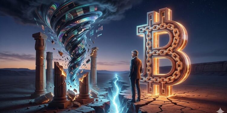 Foto de un huracán a lado de una B de Bitcoin y con Saylor en medio.