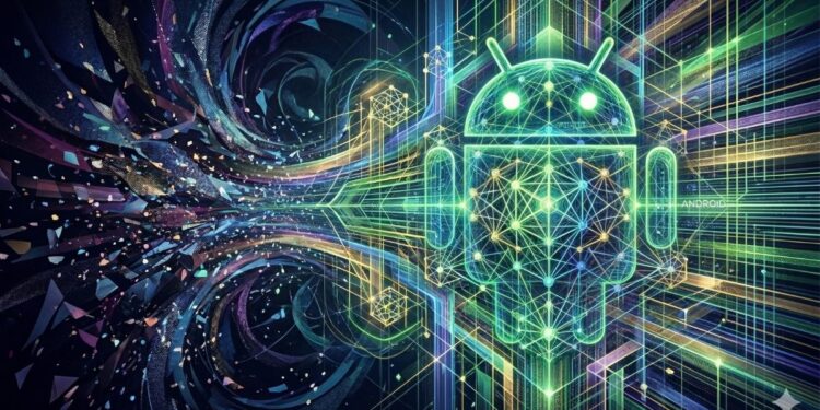 Visualización abstracta y futurista de un robot Android compuesto por una red de luz verde brillante, transformando el caos de datos en un sistema seguro y avanzado de ciberseguridad.