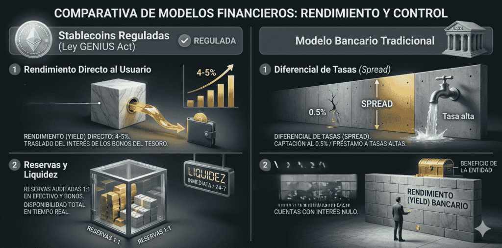 Una infografía muestra los dos modelos financieros de stablecoins reguladas bajo la Ley Genius en Estados Unidos y la banca estadounidense.