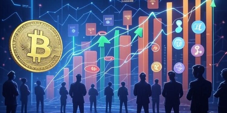 Una ilustración digital que representa el mercado de criptomonedas, enfocándose en la expectativa de una altseason.