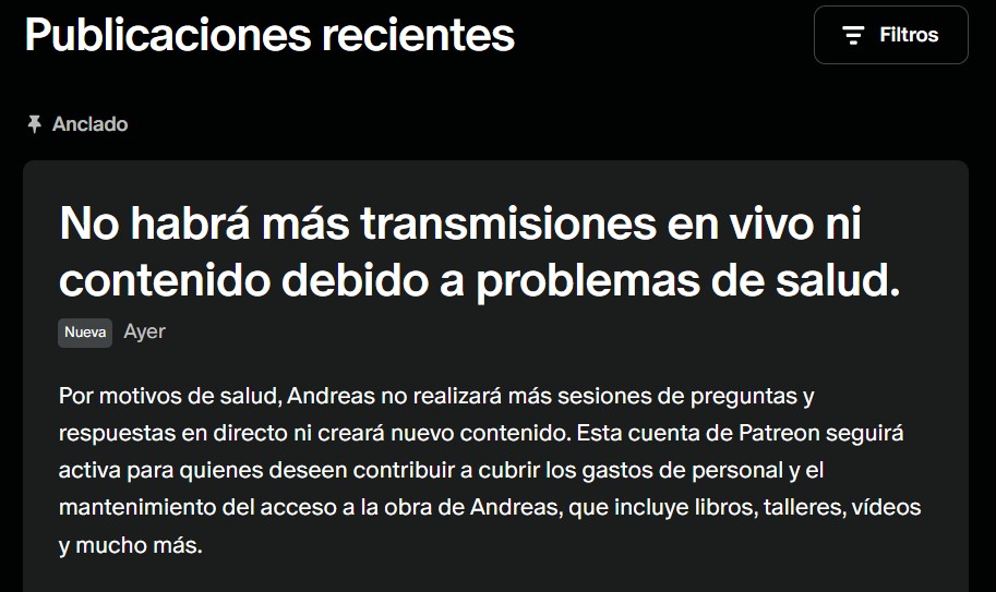 Publicación de Antonopoulos en su cuenta de Patreon.