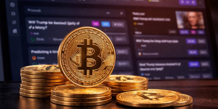 Monedas de Bitcoin en primer plano frente a la plataforma de Polymarket, simbolizando cómo las apuestas con dinero real reflejan la percepción del mercado sobre el precio de BTC.