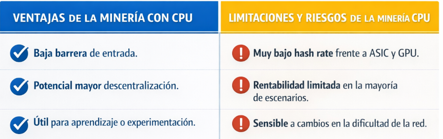 tabla comparativa que muestra las ventajas y los riesgos de la minería CPU.