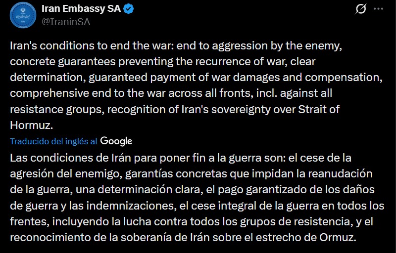 Mensaje en X publicado por la embajada de Irán en Suráfrica.