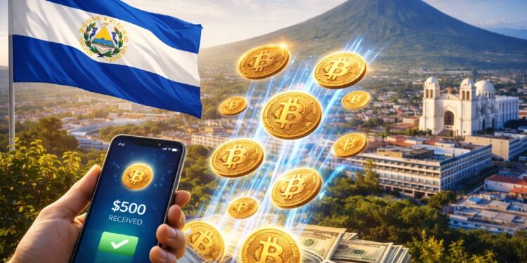 Teléfono inteligente tomado por una mano, enviando bitcoin a una ciudad de El Salvador, con la bandera del país y un volcán en el fondo.