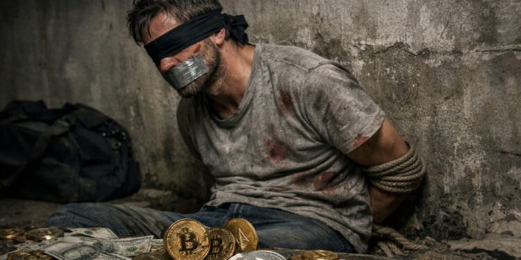 Imagen realista de una persona en condiciones de secuestro, con criptomonedas alrededor