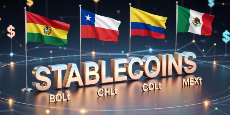 La palabra stablecoins domina el centro de la imagen, en la parte superior se observan banderas de Chile, Colombia, México y Bolivia.