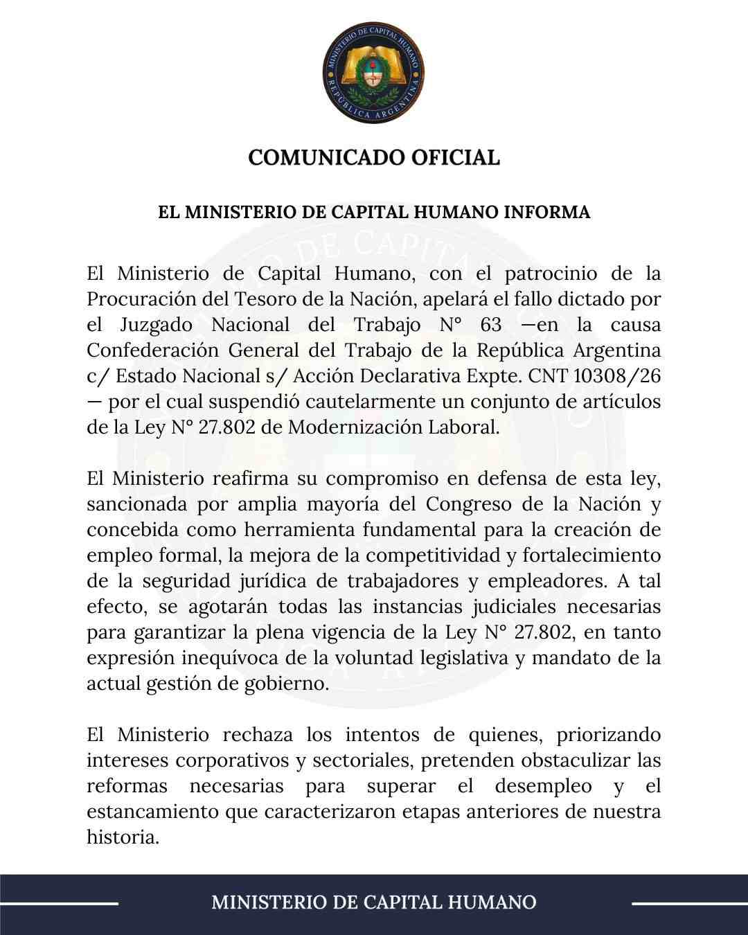 El comunicado del Ministerio de Capital Humano