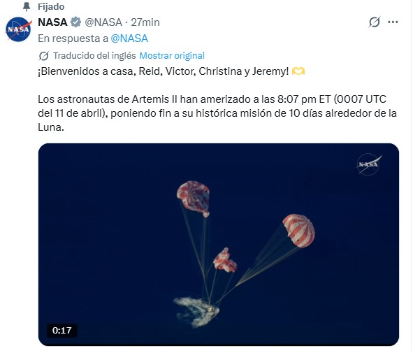 El mensaje de la NASA sobre el amerizaje del Artemis II