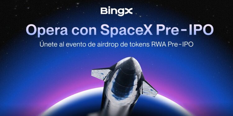 Banner promocional para SpaceX y activos Pre-IPO con BingX. Con un cohete de fondo.