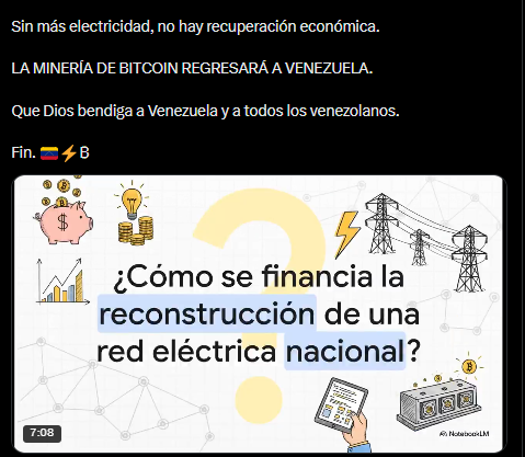 Un mensaje en X de Sultán Bitcoin o Alessandro Cecere quien propone el rescate de la red Eléctrica de Venezuela con la minería de Bitcoin.
