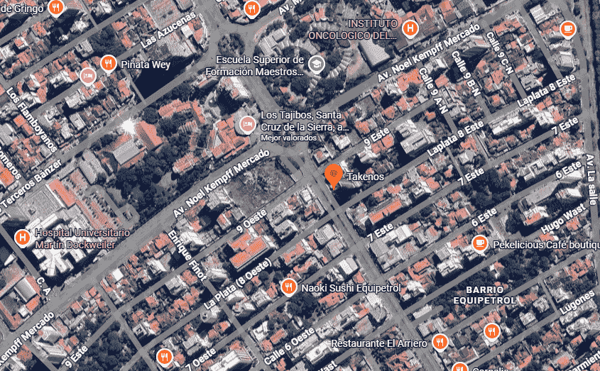 Un mapa que muestra la ubicación de Takenos en Santa Cruz de la Sierra en Bolivia.