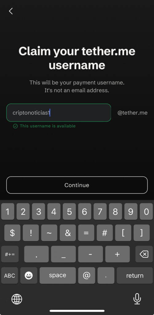 Selección de un nombre de usuario en la wallet de Tether.