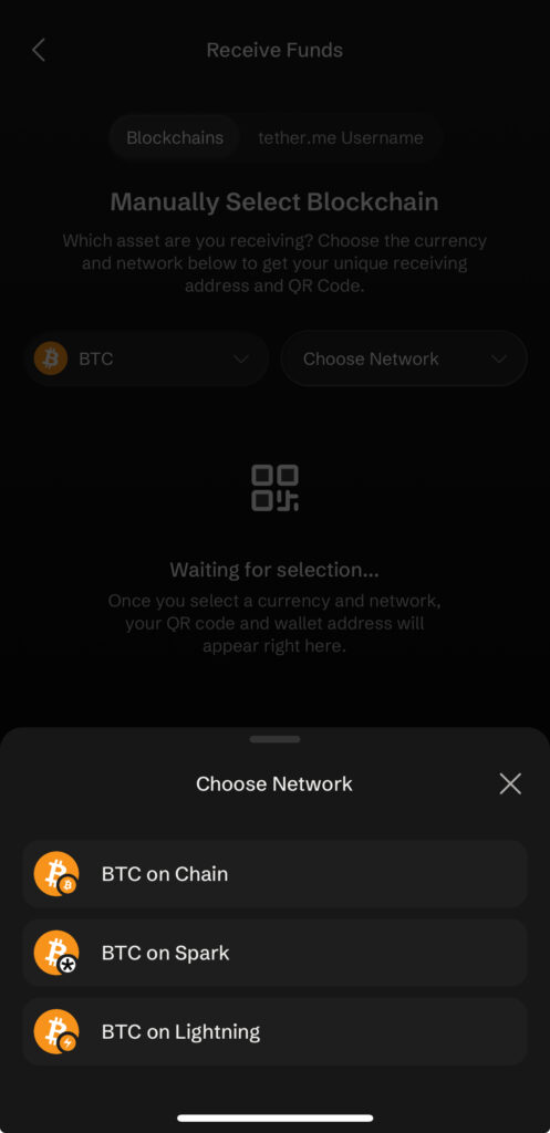Datos de las redes de Bitcoin aceptadas por Tether Wallet.