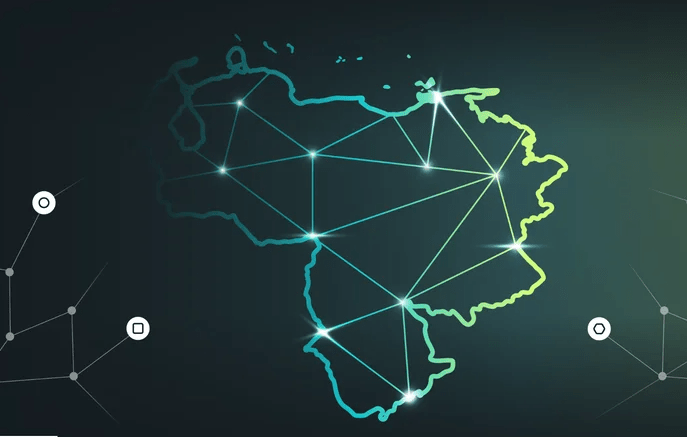 Un mapa de Venezuela conectado con puntos y líneas simulando nodos.