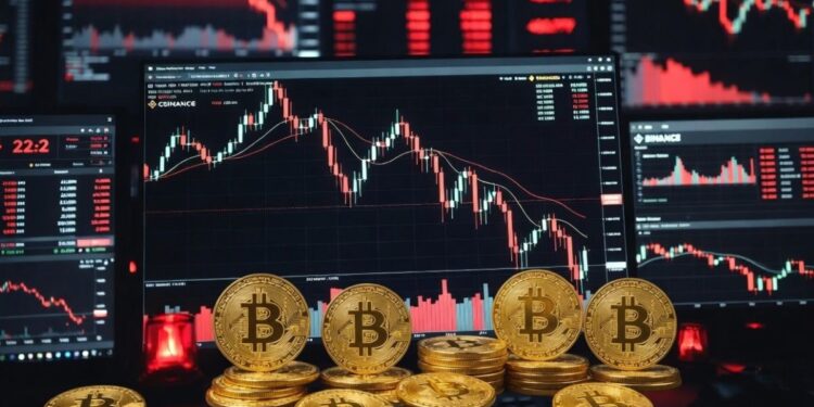 gráficos rojos en caída libre en pantallas de trading con monedas físicas de Bitcoin en primer plano.