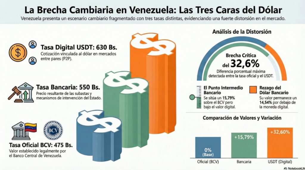 Infografía de la brecha cambiaria y las tres tasas cambiaria en Venezuela.