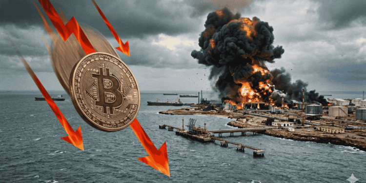 En primer plano, moneda de bitcoin cayendo con flechas rojas hacia abajo. En el fondo, la isla Kharg con explosiones.