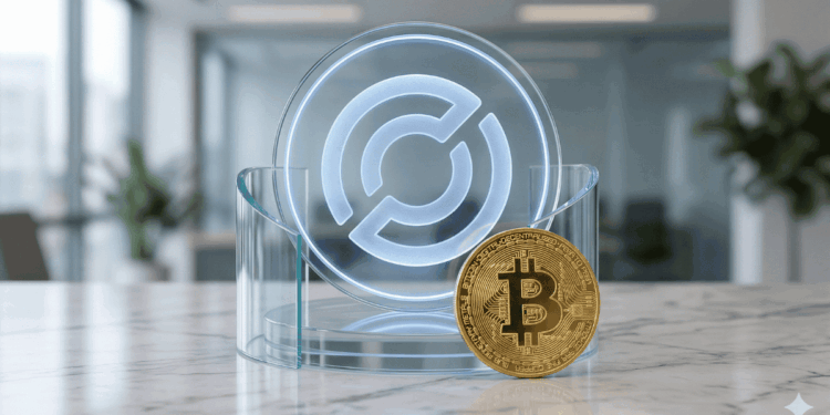 Sobre una mesa hay una moneda física de bitcoin y el logo de Circle.