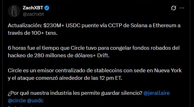 Captura de pantalla de comentario de X sobre hackeo a Drift.