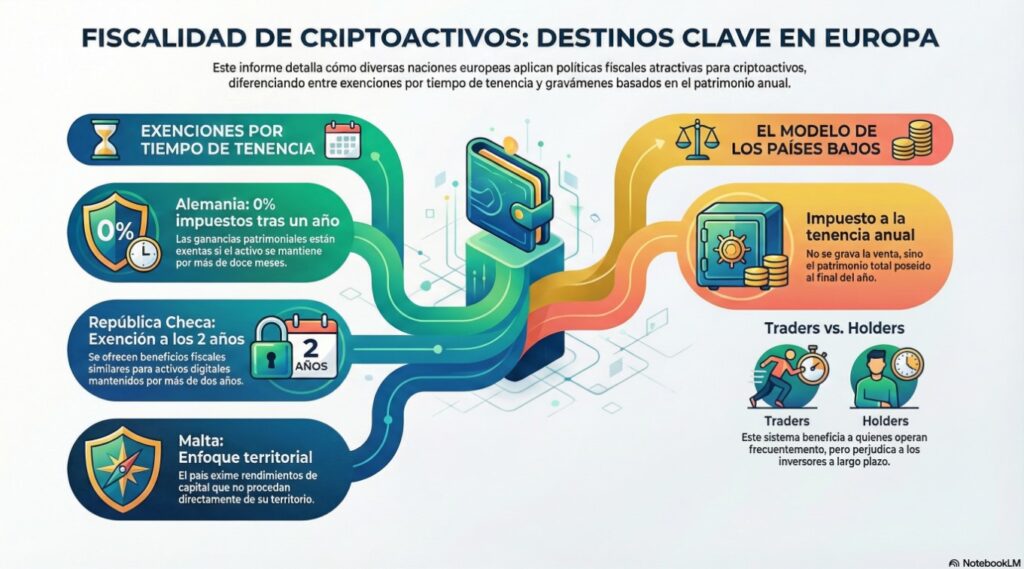 Infografía sobre impuestos y exenciones en Europa a tenencias de criptomonedas.