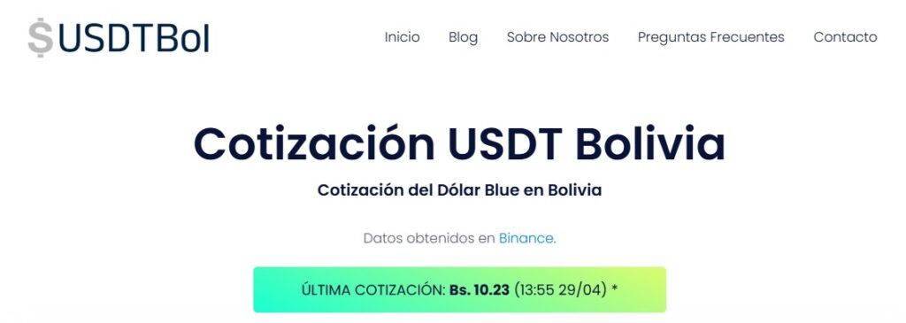 Captura de pantalla de precio de USDT en Bolivia.