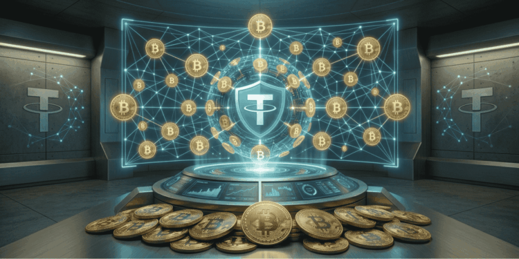 Imagen realista donde aparece el logo de theter en la red junto con varias monedas de btc.