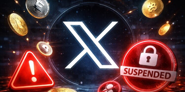 Logo de la red social X con criptomonedas alrededor y simbologia de cierre y suspensión de cuentas..
