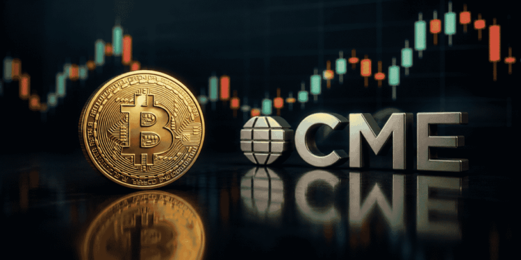 Moneda de BTC con el logo de CME y unas velas.